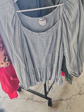 ARULA Light Gray Smocked Peasant Blouse